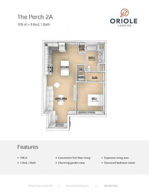 Floor plan for 1 bed, 1 bath, 709 sqft